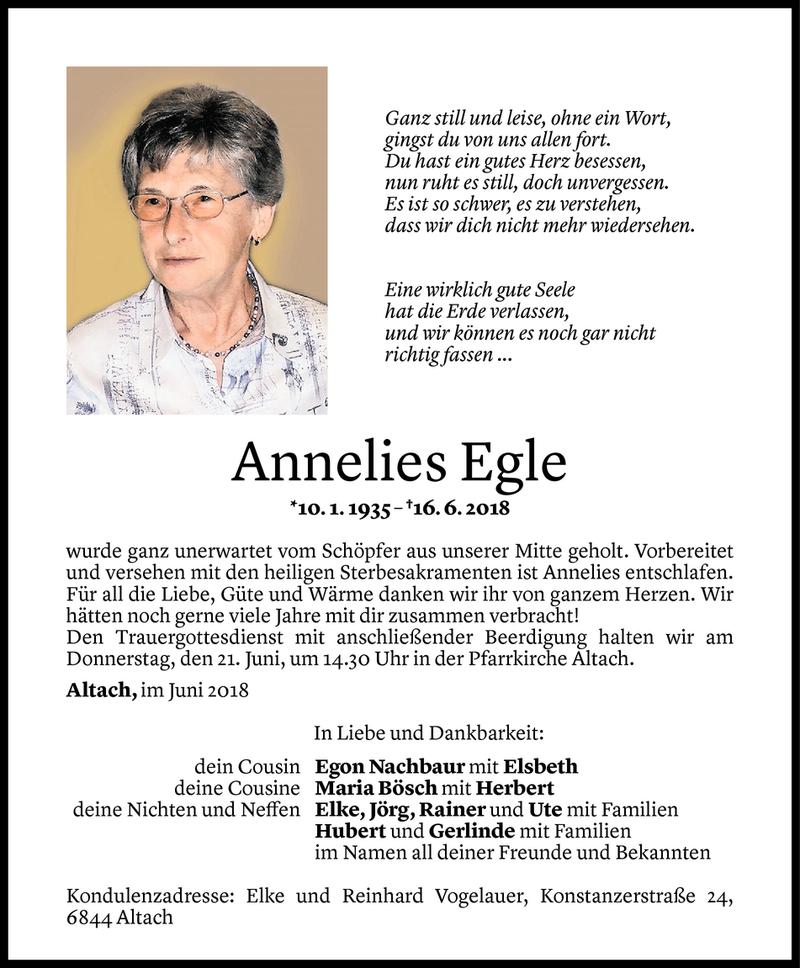  Todesanzeige für Annelies Egle vom 16.06.2018 aus Vorarlberger Nachrichten