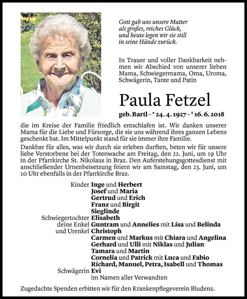  Todesanzeige für Paula Fetzel vom 20.06.2018 aus Vorarlberger Nachrichten