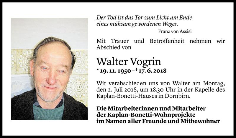  Todesanzeige für Walter Vogrin vom 19.06.2018 aus Vorarlberger Nachrichten