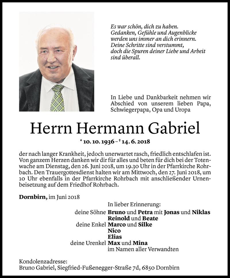  Todesanzeige für Hermann Gabriel vom 22.06.2018 aus Vorarlberger Nachrichten