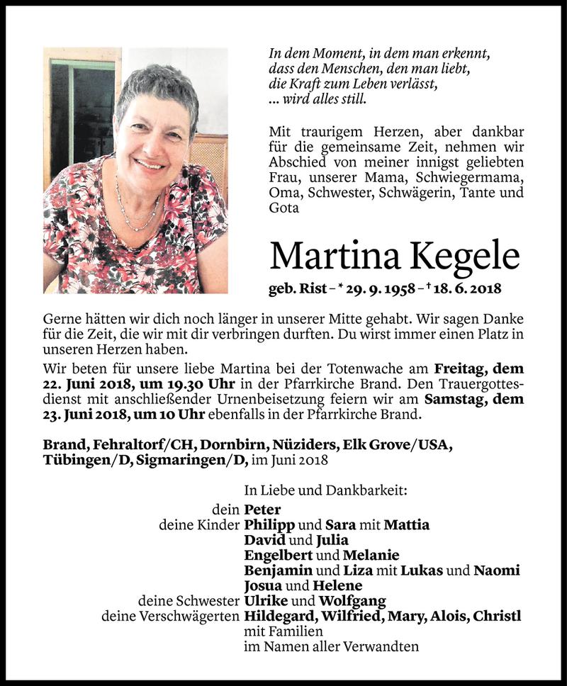 Todesanzeige für Martina Kegele vom 20.06.2018 aus Vorarlberger Nachrichten