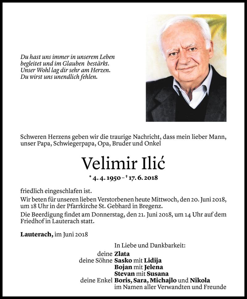  Todesanzeige für Velimir Ilic vom 20.06.2018 aus Vorarlberger Nachrichten