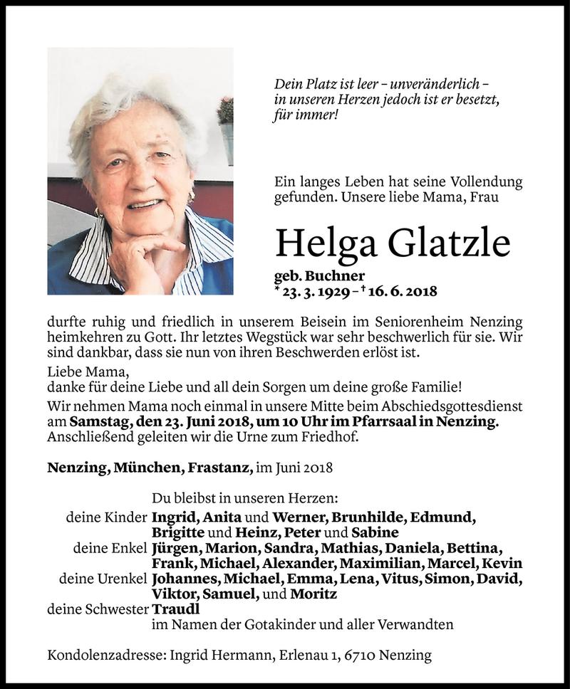  Todesanzeige für Helga Glatzle vom 20.06.2018 aus Vorarlberger Nachrichten