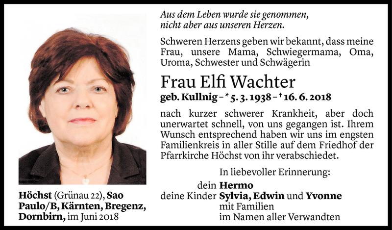  Todesanzeige für Elfi Wachter vom 21.06.2018 aus Vorarlberger Nachrichten