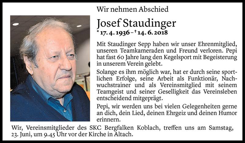  Todesanzeige für Josef Staudinger vom 21.06.2018 aus Vorarlberger Nachrichten