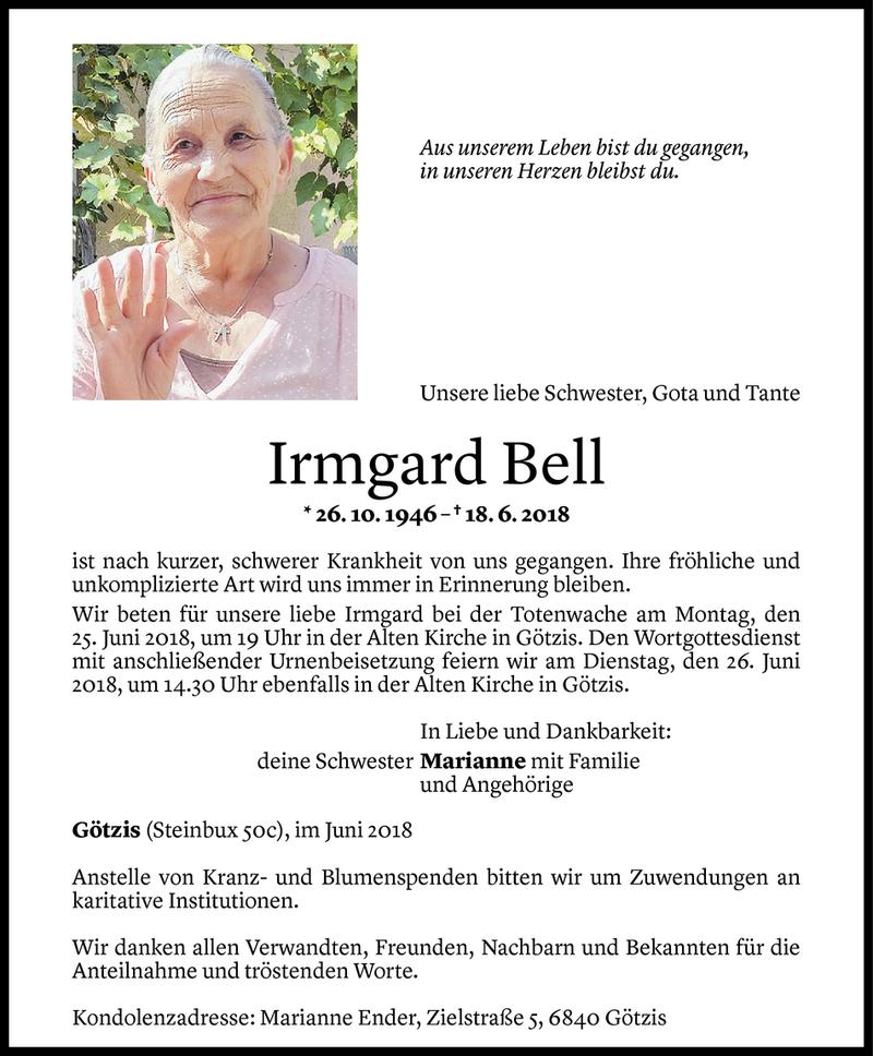  Todesanzeige für Irmgard Bell vom 22.06.2018 aus Vorarlberger Nachrichten