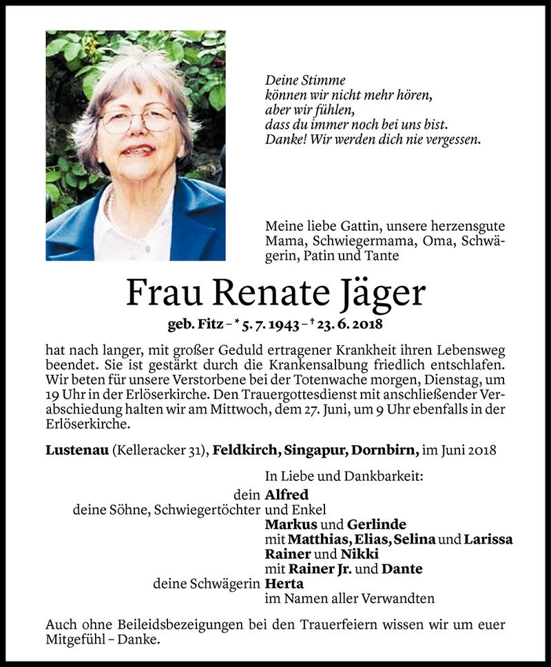  Todesanzeige für Renate Jäger vom 24.06.2018 aus Vorarlberger Nachrichten