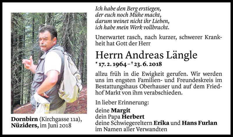  Todesanzeige für Andreas Längle vom 26.06.2018 aus Vorarlberger Nachrichten