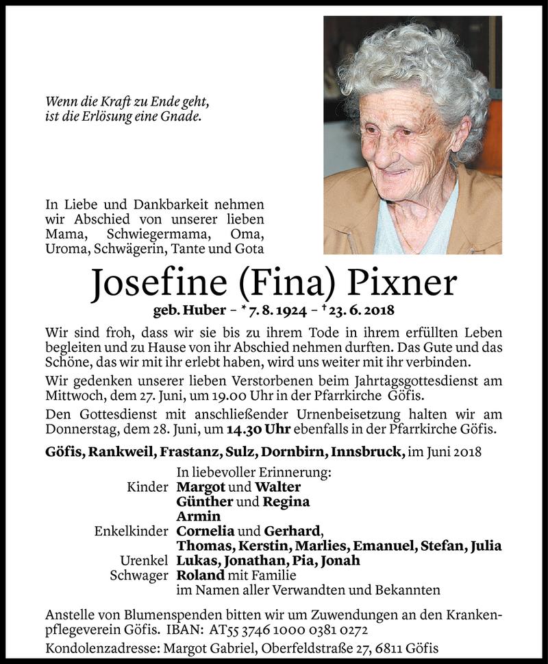  Todesanzeige für Josefine Pixner vom 26.06.2018 aus Vorarlberger Nachrichten