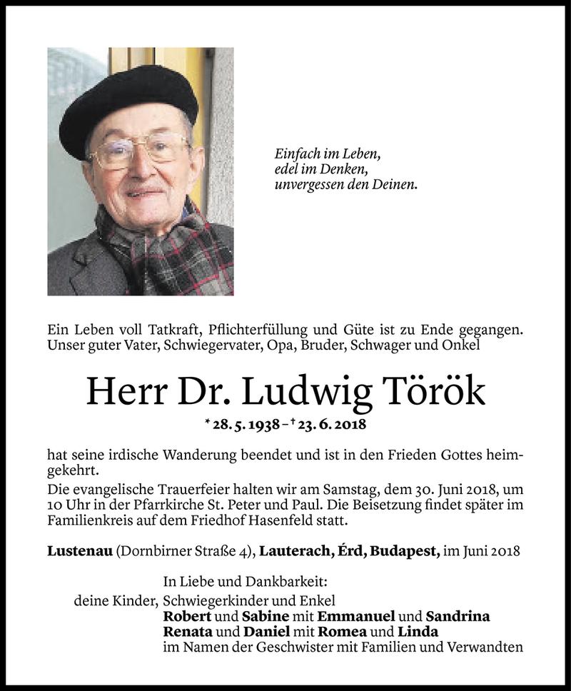  Todesanzeige für Ludwig Török vom 25.06.2018 aus Vorarlberger Nachrichten