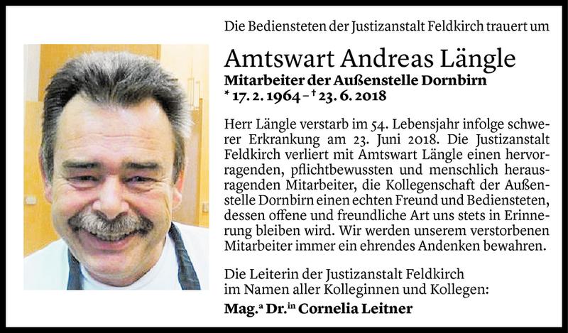  Todesanzeige für Andreas Längle vom 26.06.2018 aus Vorarlberger Nachrichten