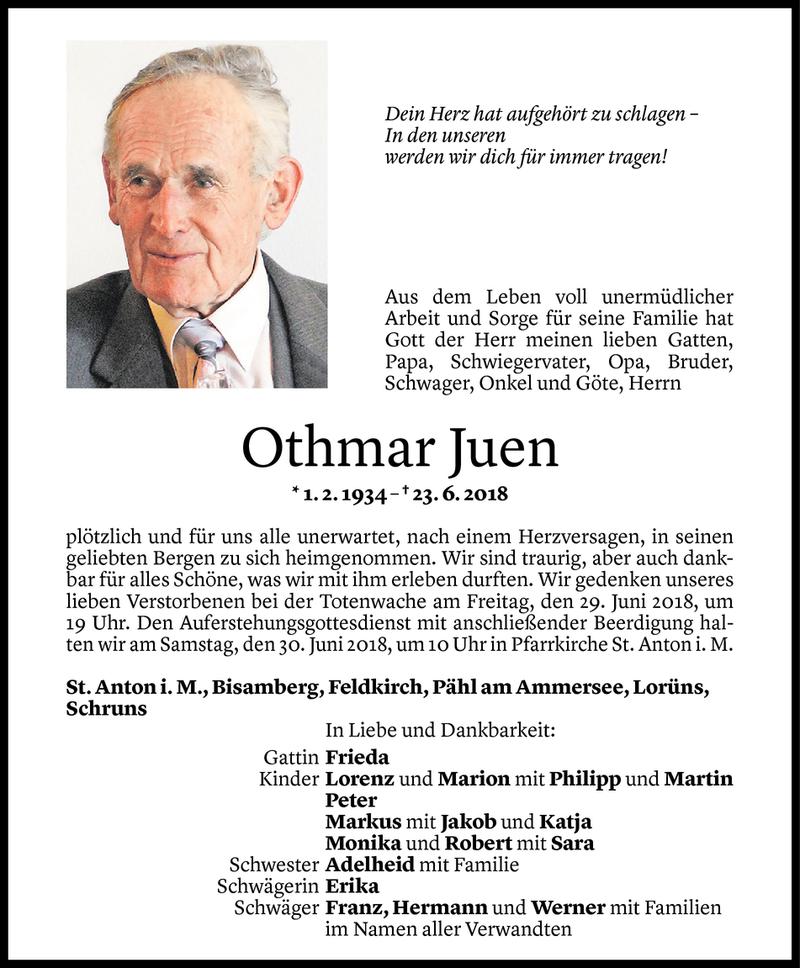  Todesanzeige für Othmar Juen vom 26.06.2018 aus Vorarlberger Nachrichten