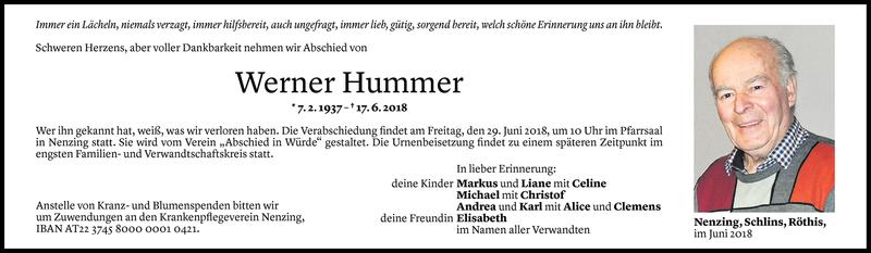  Todesanzeige für Werner Hummer vom 26.06.2018 aus Vorarlberger Nachrichten