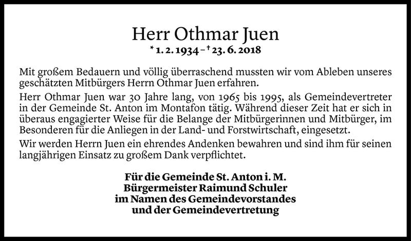  Todesanzeige für Othmar Juen vom 27.06.2018 aus Vorarlberger Nachrichten