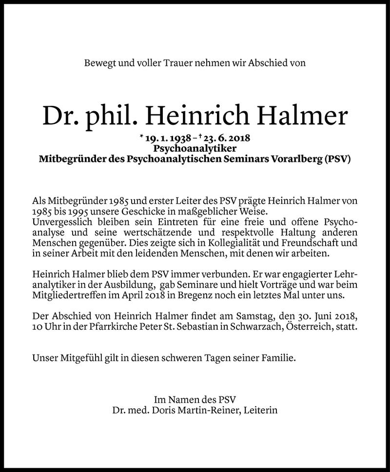  Todesanzeige für Heinrich Halmer vom 27.06.2018 aus Vorarlberger Nachrichten