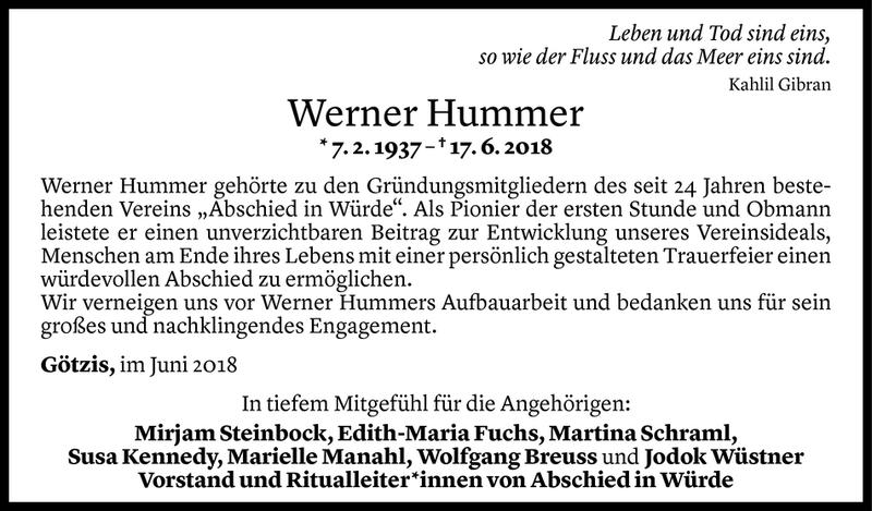  Todesanzeige für Werner Hummer vom 27.06.2018 aus Vorarlberger Nachrichten