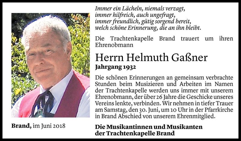  Todesanzeige für Helmuth Gaßner vom 27.06.2018 aus Vorarlberger Nachrichten