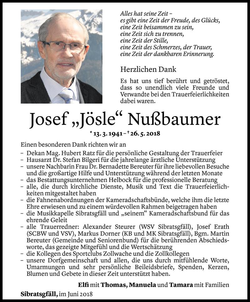  Todesanzeige für Josef Nußbaumer vom 28.06.2018 aus Vorarlberger Nachrichten