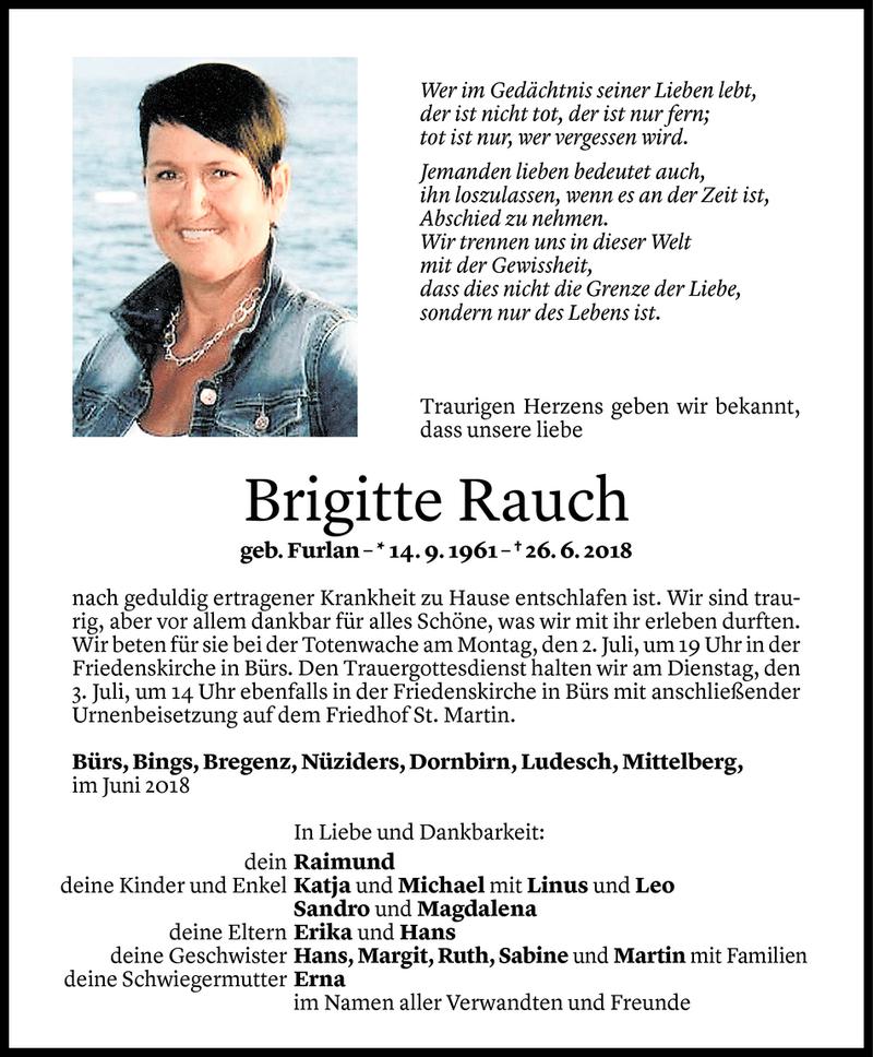  Todesanzeige für Brigitte Rauch vom 30.06.2018 aus Vorarlberger Nachrichten