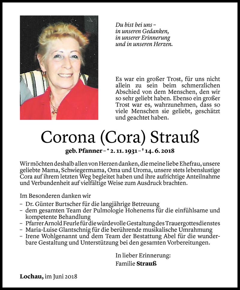  Todesanzeige für Corona Strauß vom 29.06.2018 aus Vorarlberger Nachrichten