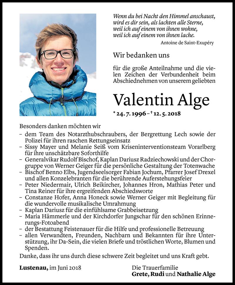  Todesanzeige für Valentin Alge vom 29.06.2018 aus Vorarlberger Nachrichten