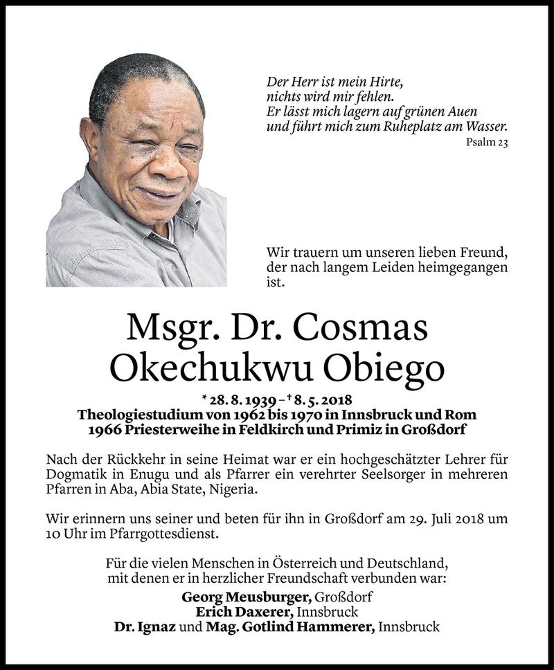  Todesanzeige für Cosmas Okechukwu Obiego vom 24.07.2018 aus Vorarlberger Nachrichten