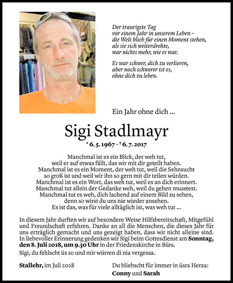  Todesanzeige für Sigi Stadlmayr vom 06.07.2018 aus Vorarlberger Nachrichten