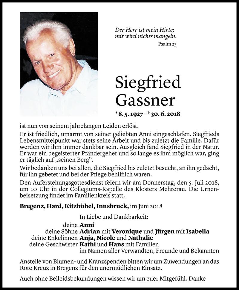 Todesanzeige für Siegfried Gassner vom 02.07.2018 aus Vorarlberger Nachrichten