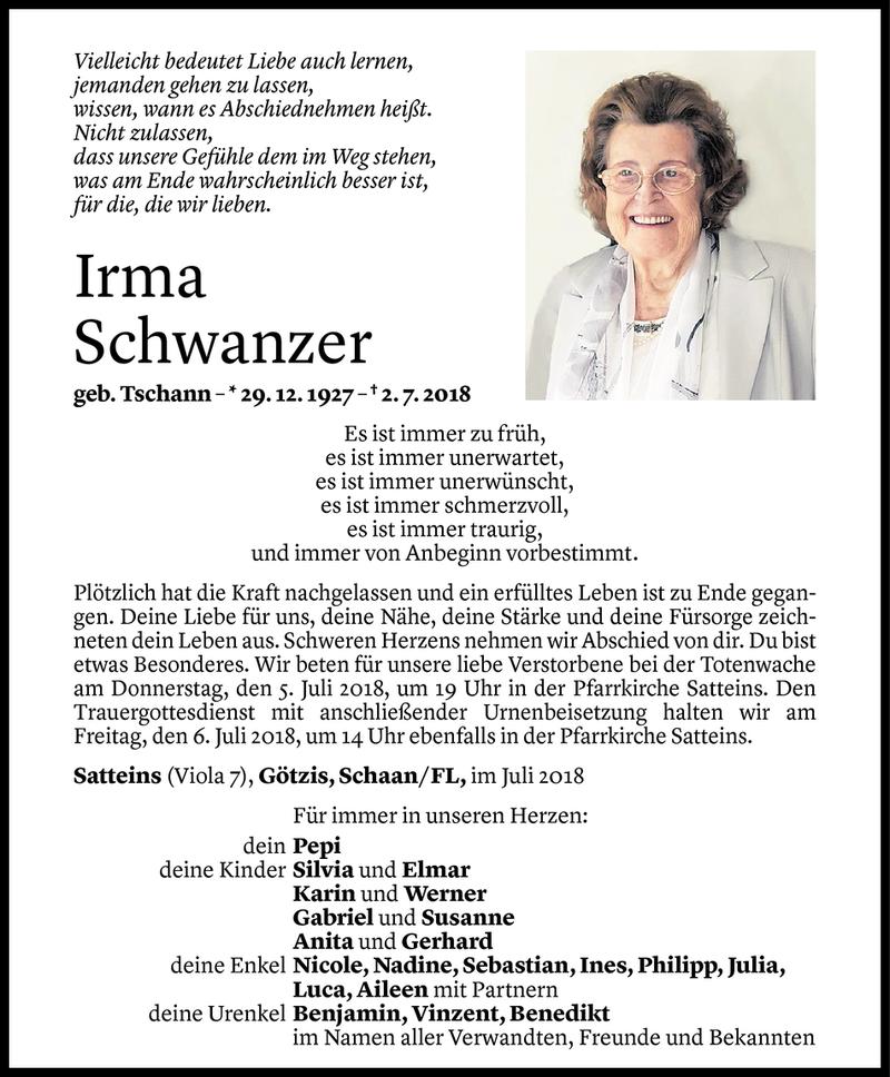  Todesanzeige für Irma Schwanzer vom 03.07.2018 aus Vorarlberger Nachrichten