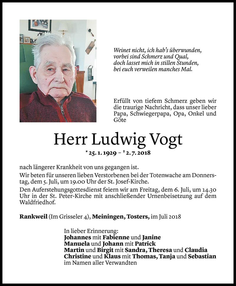  Todesanzeige für Ludwig Vogt vom 04.07.2018 aus Vorarlberger Nachrichten