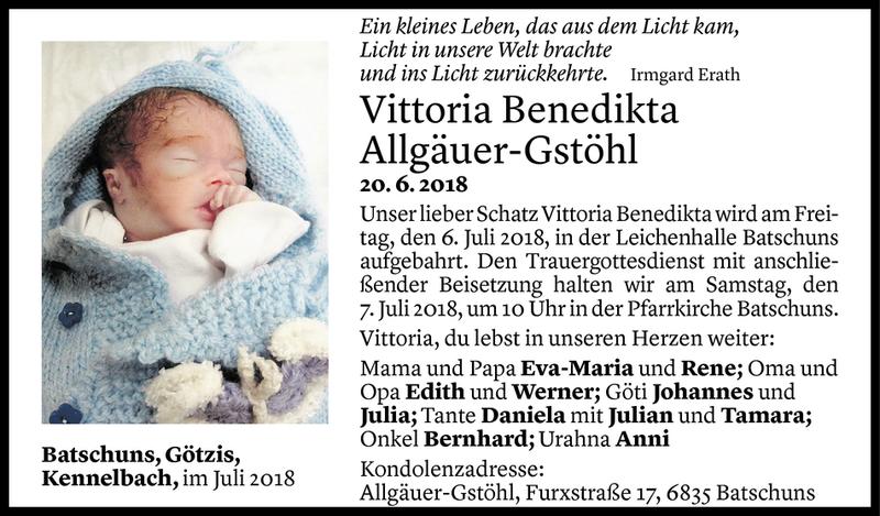  Todesanzeige für Vittoria Benedikta Allgäuer-Gstöhl vom 03.07.2018 aus Vorarlberger Nachrichten