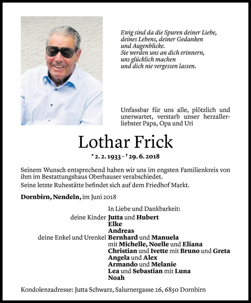 Todesanzeige für Lothar Frick vom 07.07.2018 aus Vorarlberger Nachrichten