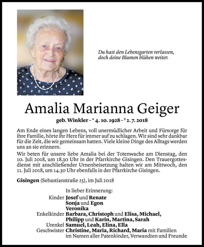Todesanzeigen von Amalia Geiger | Todesanzeigen Vorarlberger Nachrichten