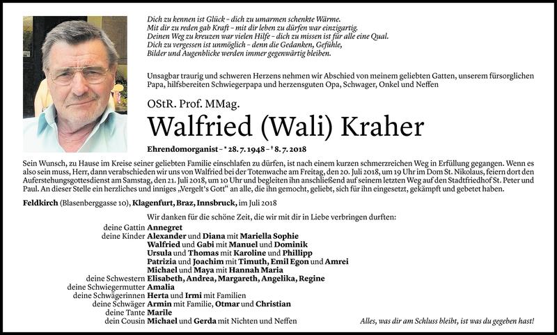  Todesanzeige für Walfried Kraher vom 17.07.2018 aus Vorarlberger Nachrichten