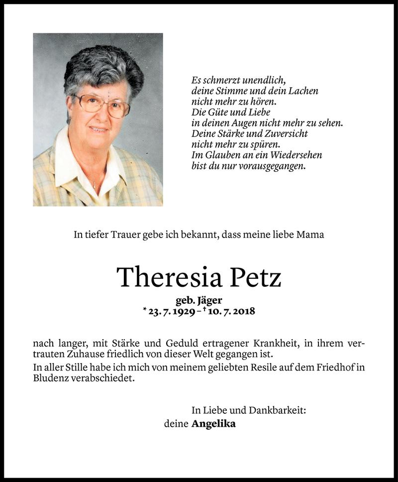  Todesanzeige für Theresia Petz vom 17.07.2018 aus Vorarlberger Nachrichten