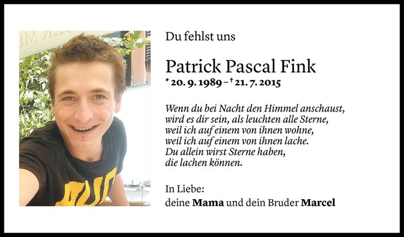  Todesanzeige für Patrick Pascal Fink vom 20.07.2018 aus Vorarlberger Nachrichten