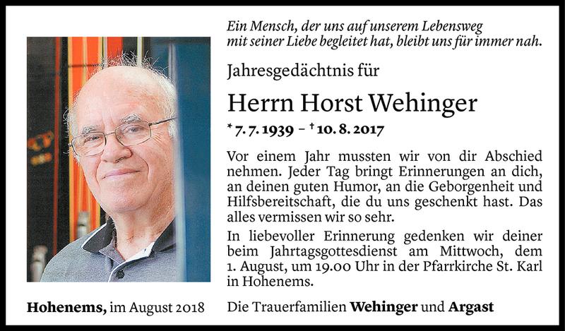  Todesanzeige für Horst Wehinger vom 28.07.2018 aus Vorarlberger Nachrichten