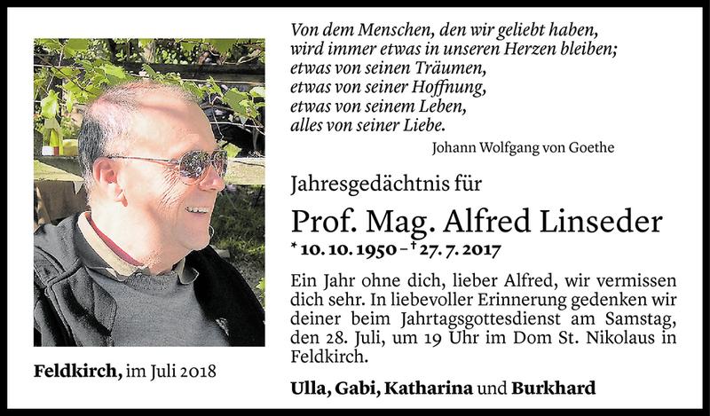  Todesanzeige für Alfred Linseder vom 20.07.2018 aus Vorarlberger Nachrichten