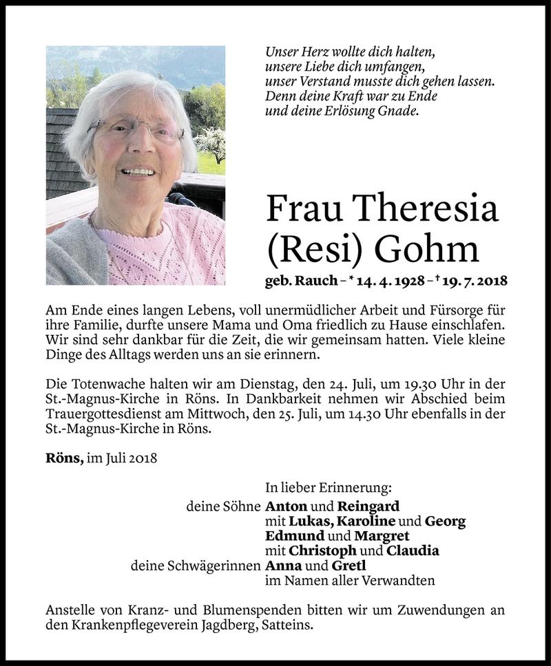  Todesanzeige für Theresia Gohm vom 22.07.2018 aus Vorarlberger Nachrichten