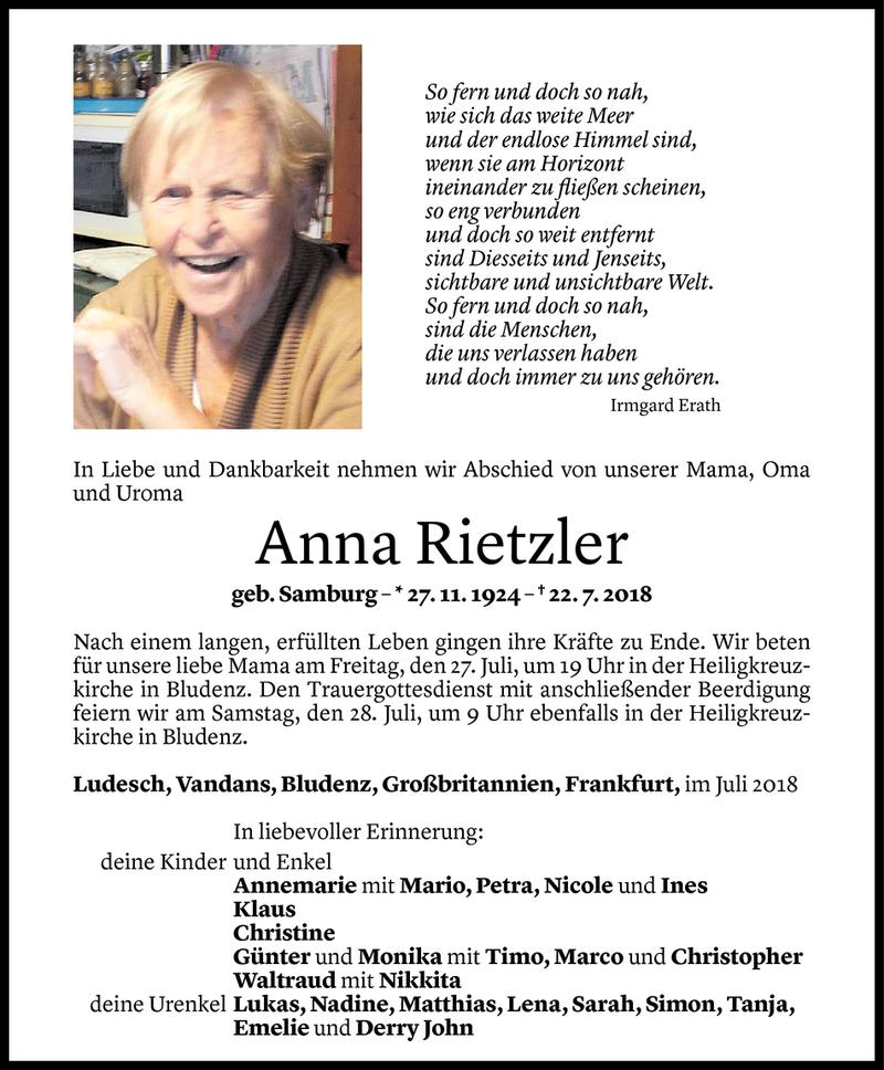  Todesanzeige für Anna Rietzler vom 24.07.2018 aus Vorarlberger Nachrichten
