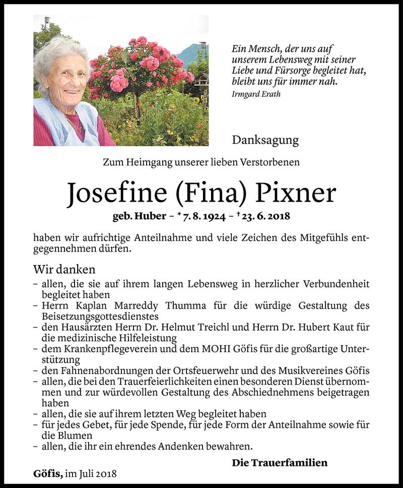  Todesanzeige für Josefine Pixner vom 28.07.2018 aus Vorarlberger Nachrichten