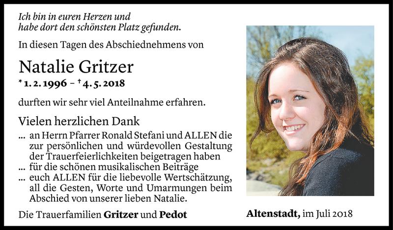  Todesanzeige für Natalie Gritzer vom 28.07.2018 aus Vorarlberger Nachrichten