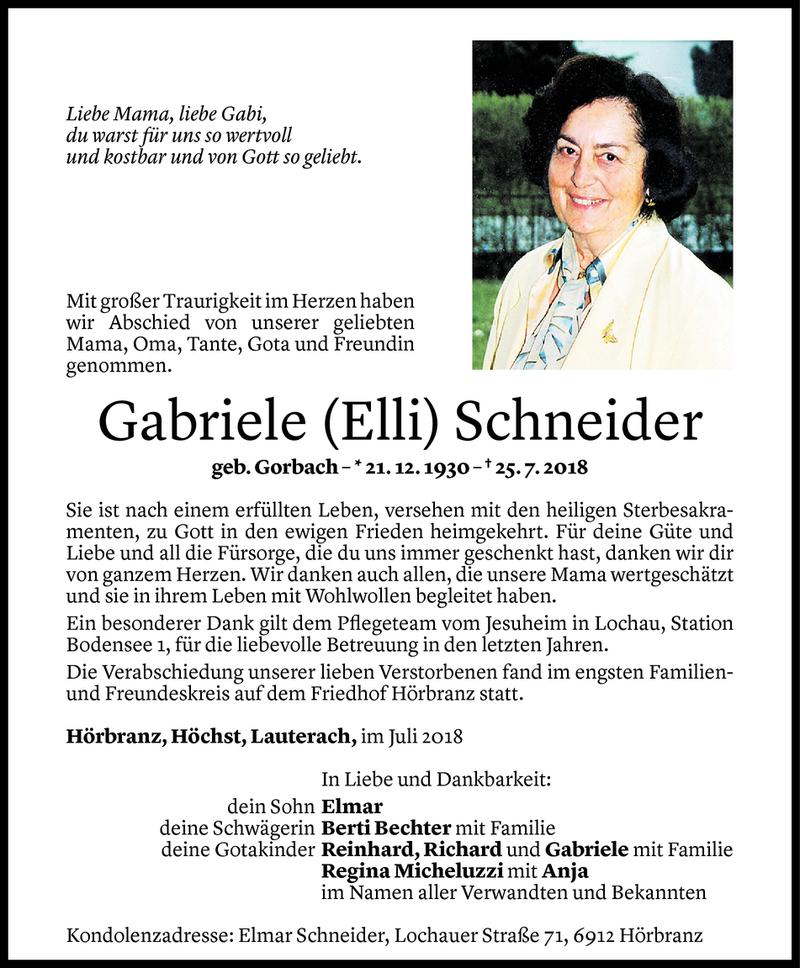  Todesanzeige für Gabriele Schneider vom 28.07.2018 aus Vorarlberger Nachrichten