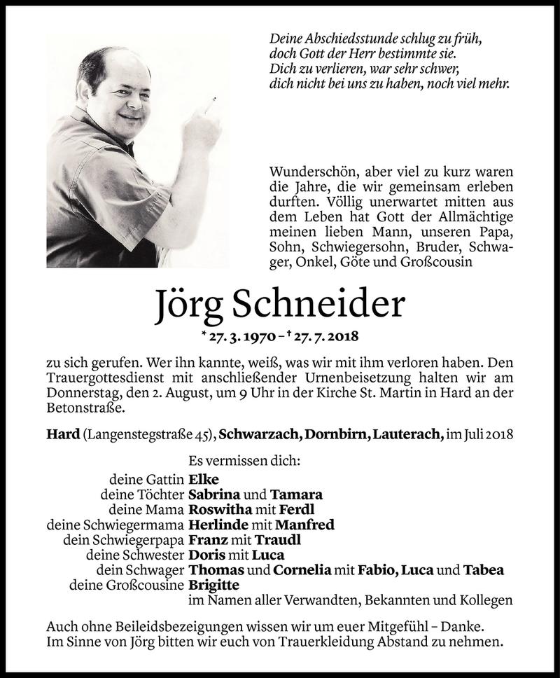  Todesanzeige für Jörg Schneider vom 30.07.2018 aus Vorarlberger Nachrichten