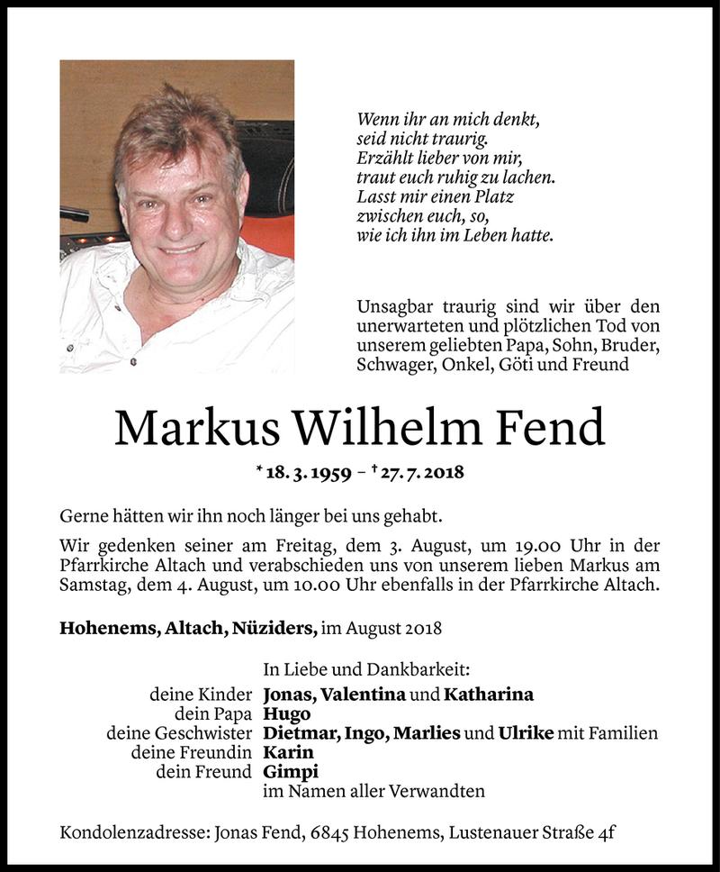  Todesanzeige für Markus Wilhelm Fend vom 01.08.2018 aus Vorarlberger Nachrichten