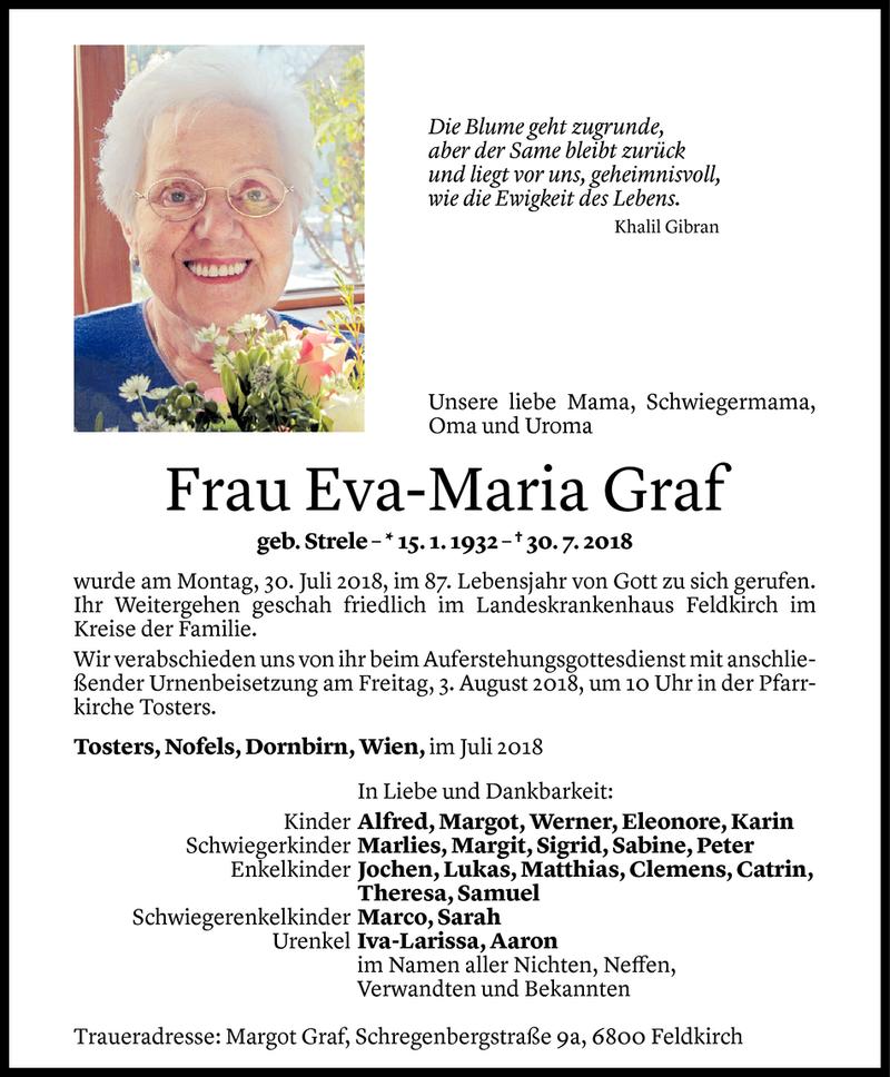  Todesanzeige für Eva-Maria Graf vom 01.08.2018 aus Vorarlberger Nachrichten