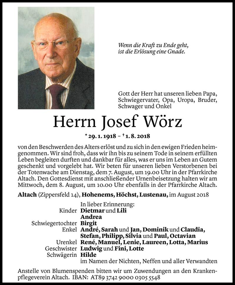  Todesanzeige für Josef Wörz vom 04.08.2018 aus Vorarlberger Nachrichten