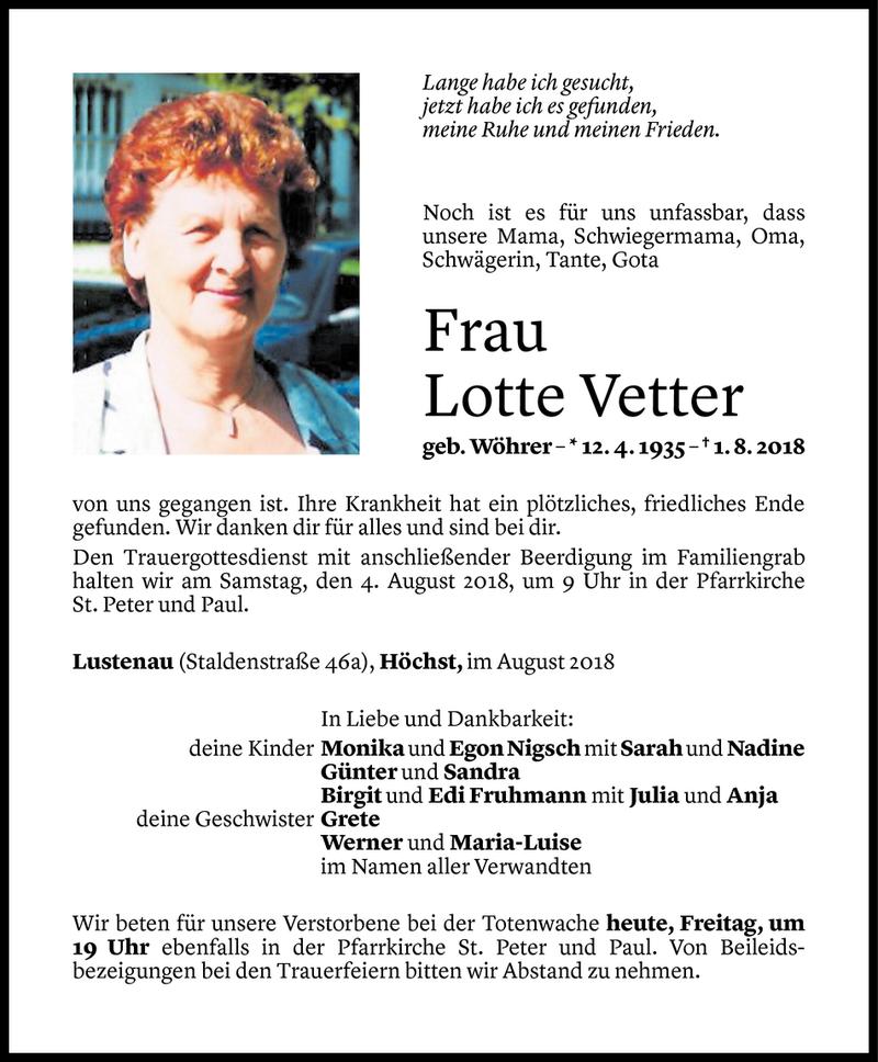  Todesanzeige für Lotte Vetter vom 02.08.2018 aus Vorarlberger Nachrichten