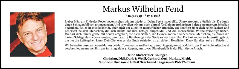  Todesanzeige für Markus Wilhelm Fend vom 03.08.2018 aus Vorarlberger Nachrichten