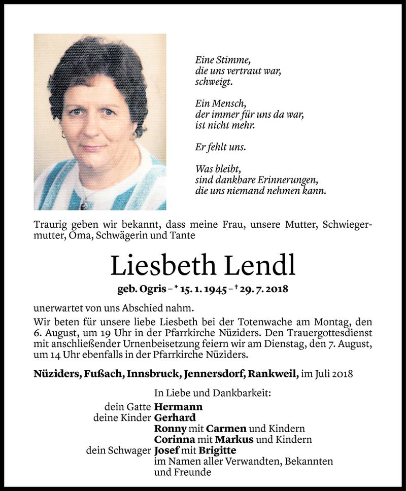  Todesanzeige für Lisbeth Lendl vom 04.08.2018 aus Vorarlberger Nachrichten